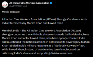 Read more about the article भारत विरोधी बयान देने पर AICWA का फवाद-माहिरा पर फूटा गुस्सा, कहा – देश से बढ़कर कुछ नहीं; भारतीय सेना की स्ट्राइक को ‘कायरता’ कहने पर AICWA ने पाक कलाकारों को सुनाई खरी-खोटी!