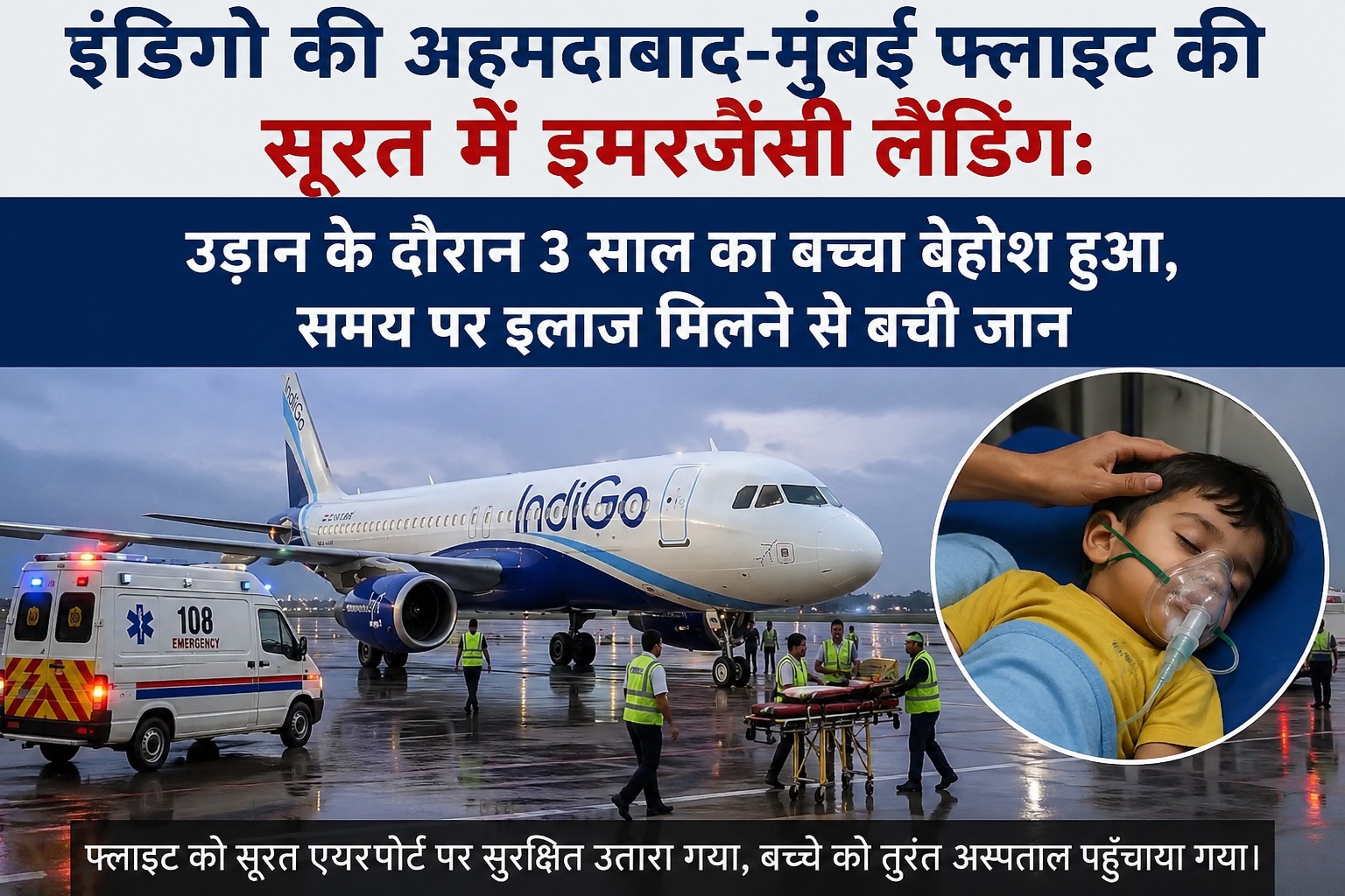 अहमदाबाद-मुंबई इंडिगो फ्लाइट की सूरत में मेडिकल इमरजेंसी लैंडिंग: 3 साल के बच्चे की अचानक बिगड़ी तबीयत, समय रहते मिला इलाज