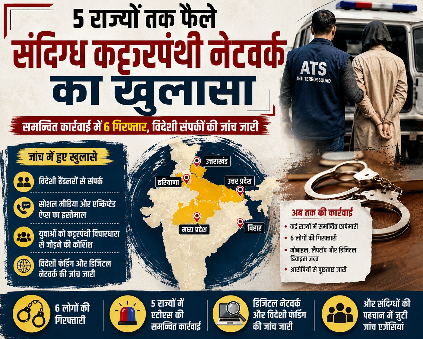 Read more about the article 5 राज्यों तक फैले संदिग्ध कट्टरपंथी नेटवर्क का खुलासा: समन्वित कार्रवाई में 6 गिरफ्तार, विदेशी संपर्कों की जांच जारी