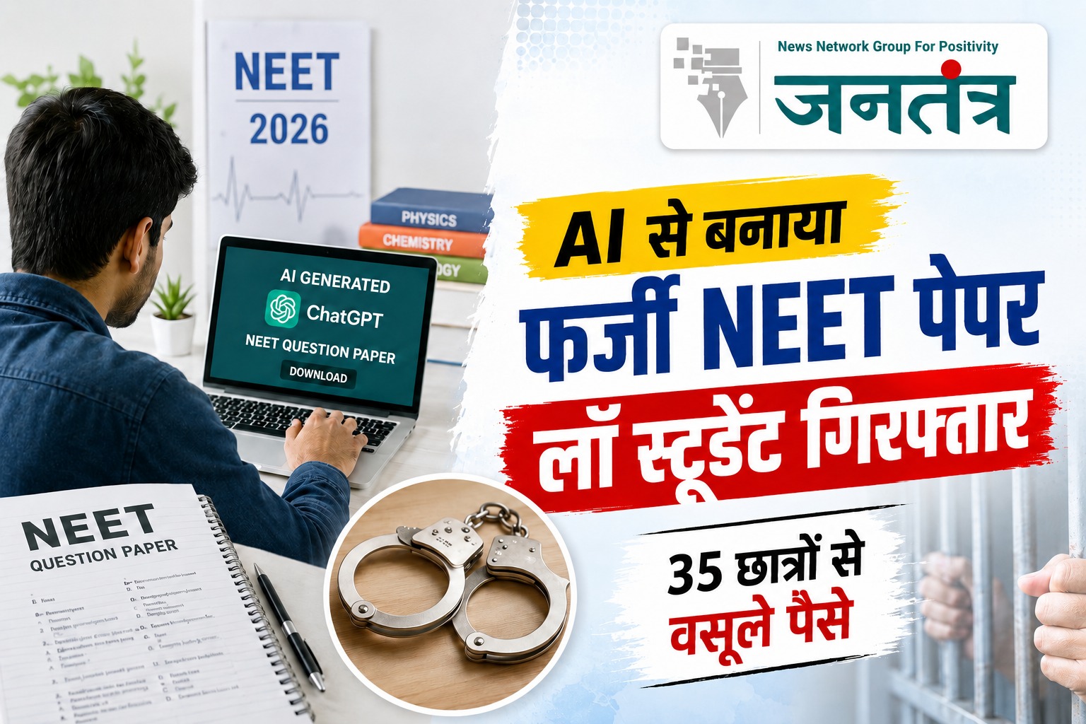 Read more about the article AI से बनाया फर्जी NEET पेपर बेचने वाला लॉ स्टूडेंट गिरफ्तार, 35 छात्रों से लाखों की ठगी का खुलासा